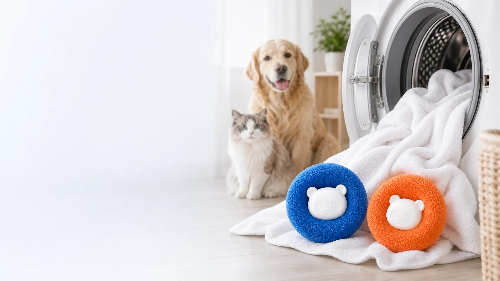 PawSift reusable laundry hair catchers beside a washing machine in a bright home with a dog and cat
