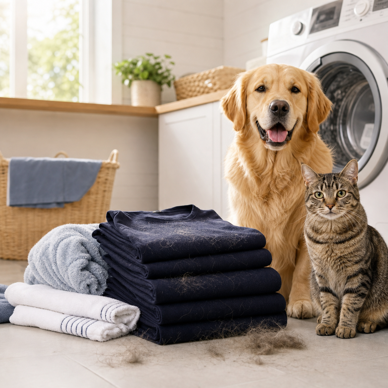 Pet hair visible on towels and clothing beside PawSift