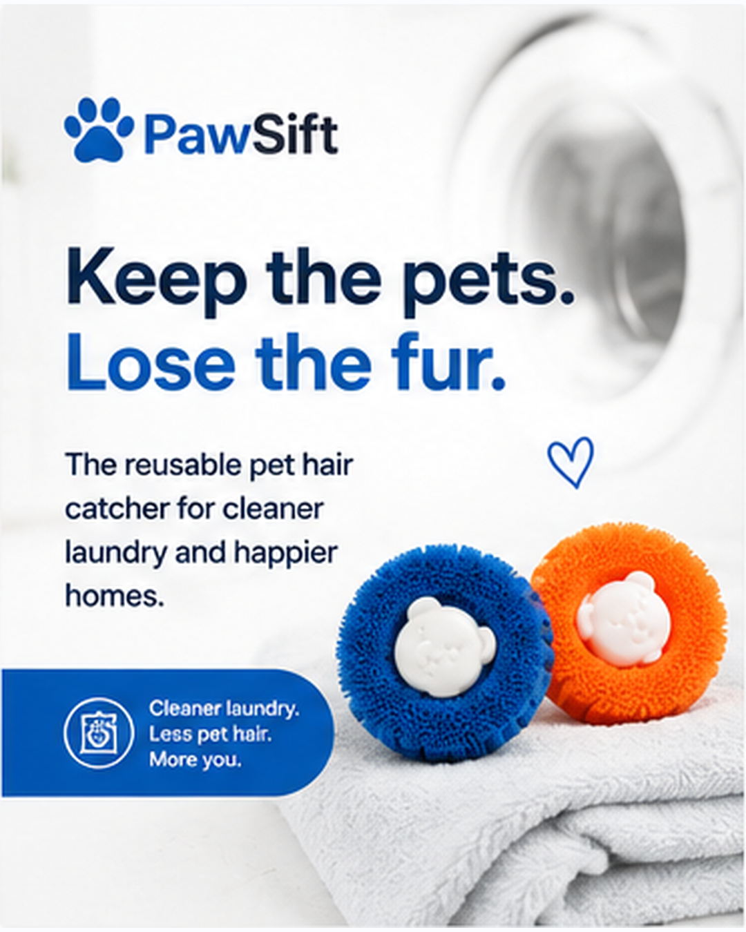 Blue and orange PawSift products on folded laundry