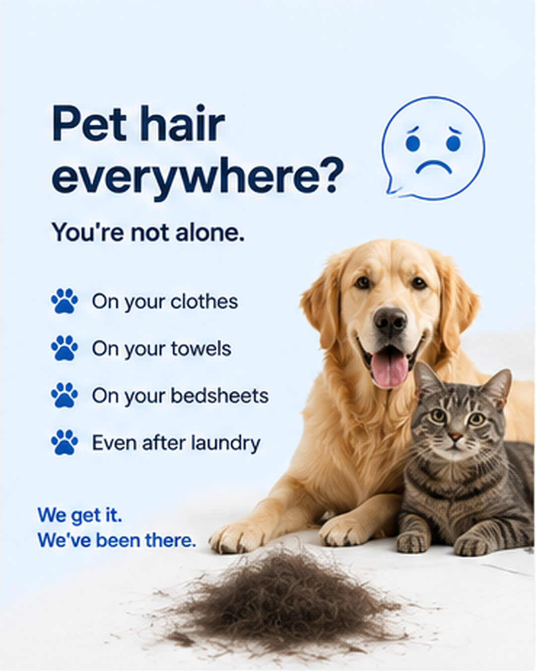 Dog and cat beside visible loose pet hair